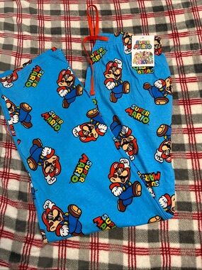 Super Mario Men's Blue Pajama Pants with Red Drawstring